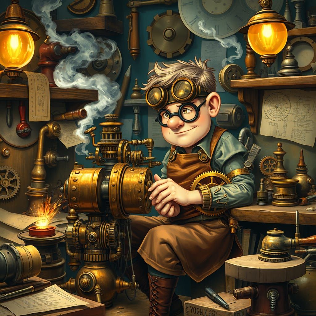 Halfling Artificer in Steampunk Workshop, Artgerm Style