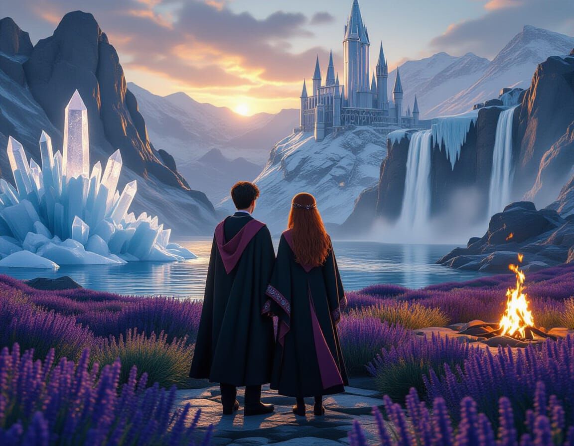 Harry Potter and Ginny in Icy Oasis: Surreal 3D Art