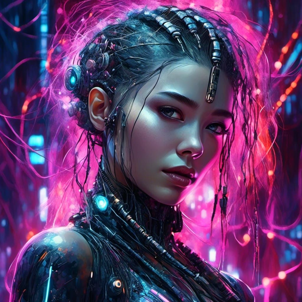 Biopunk Cyborg Woman with Electric Braids