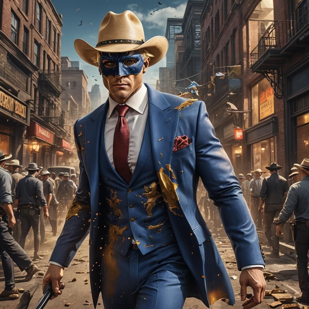 Muscular Businessman in Masquerade Mask and Cowboy Hat