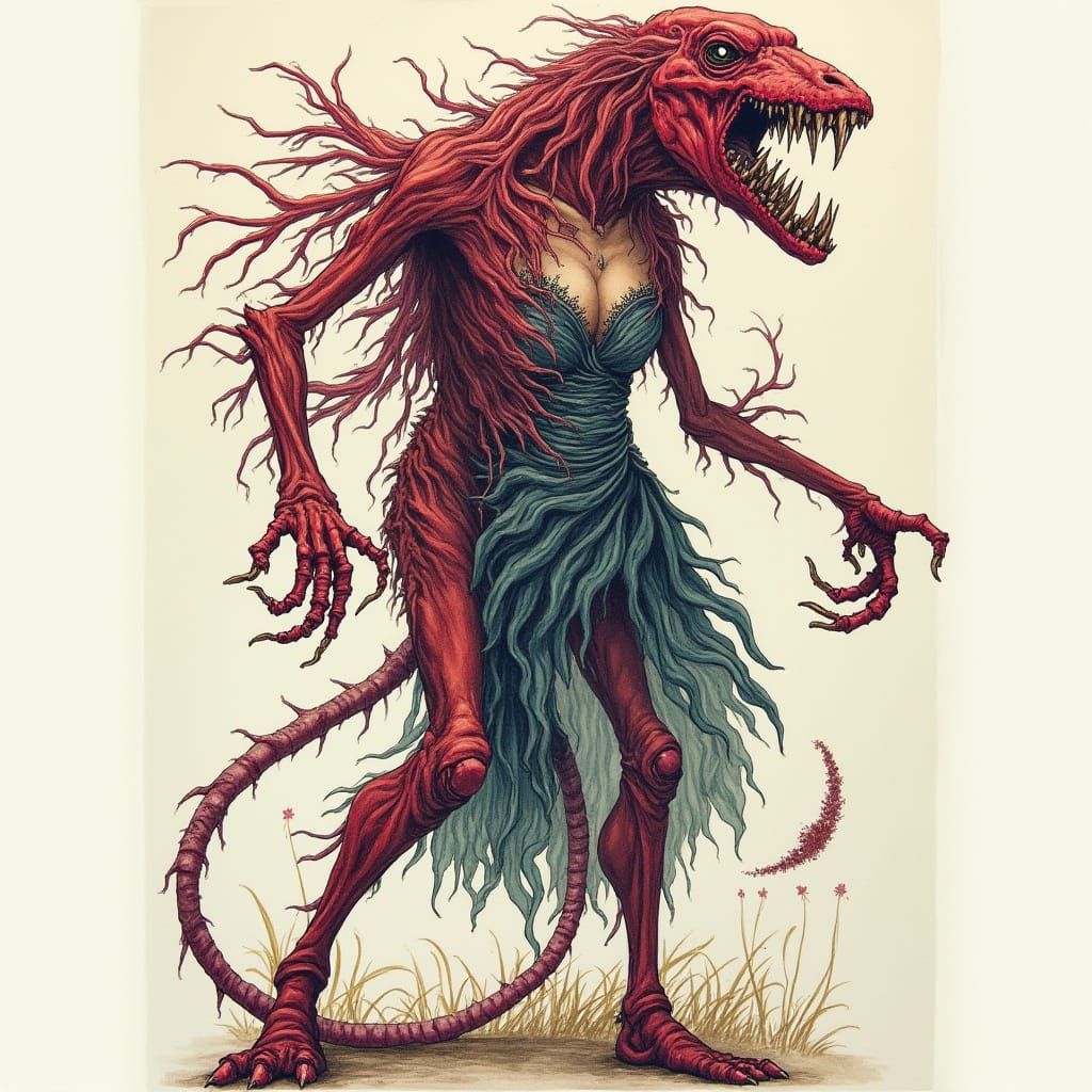 Eerie Alcohol Ink Illustration of a Macabre Monster Woman