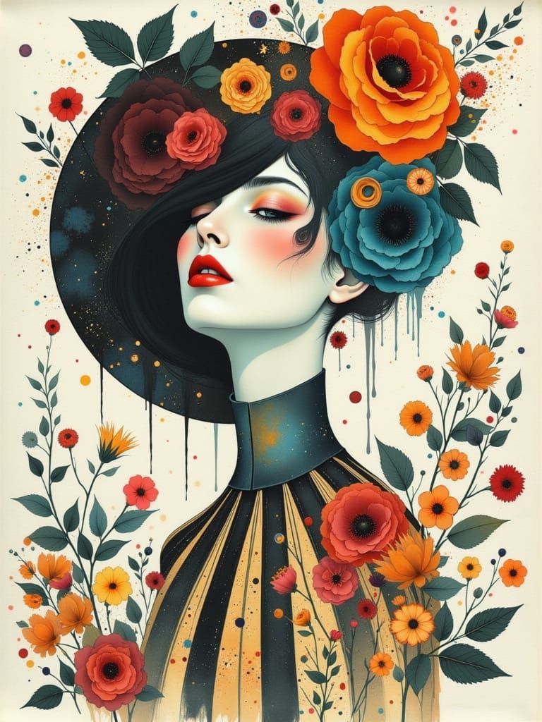 Gothic Flowercore Woman in Watercolor Style