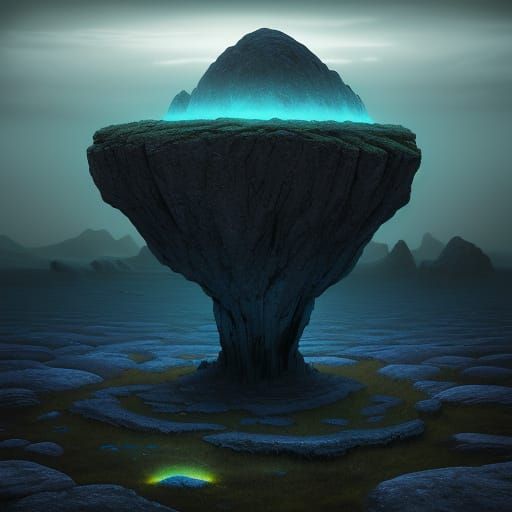 Mysterious Stone in Otherworldly Landscape by Dali & Beksińs...