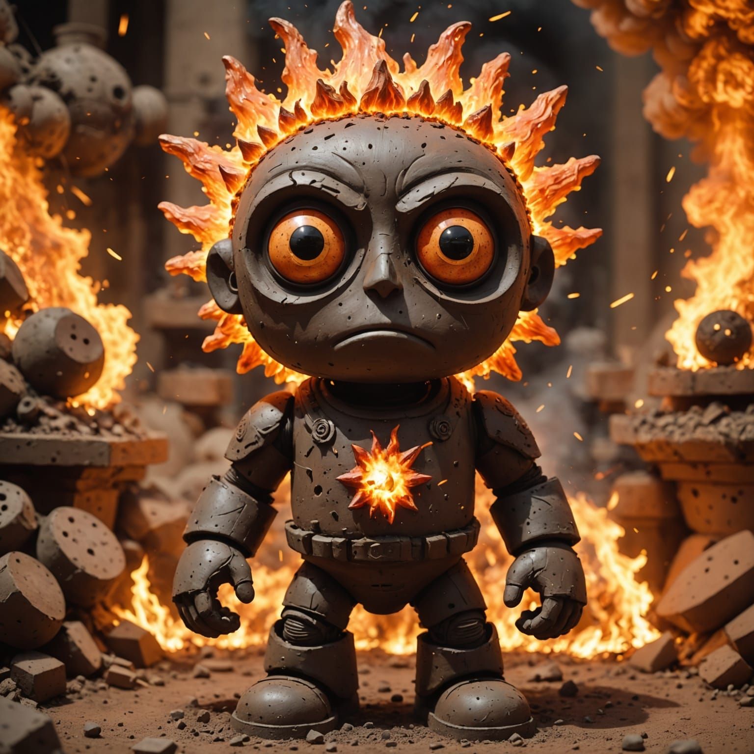Clay Figure Adrift in Flames and Explosions