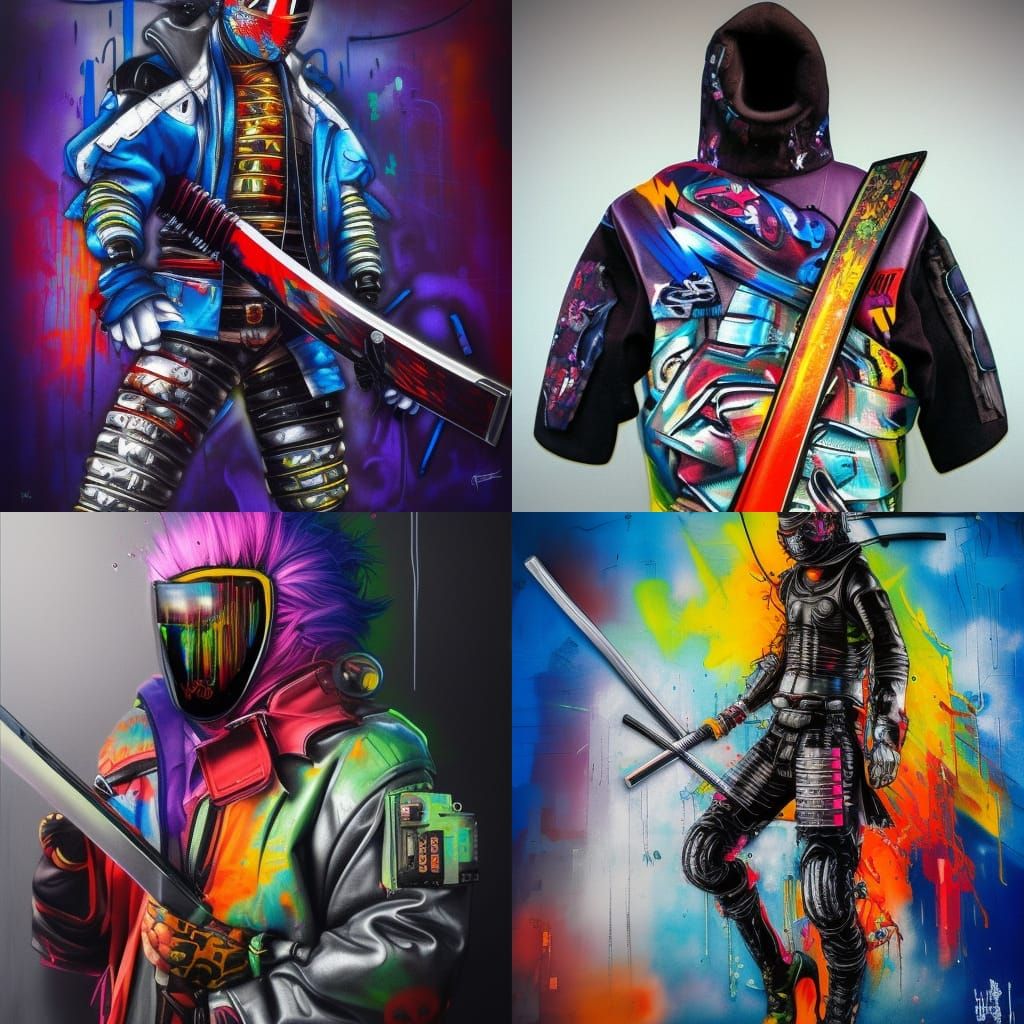 Cyberpunk Masked Figure with Katana in Graffiti Art