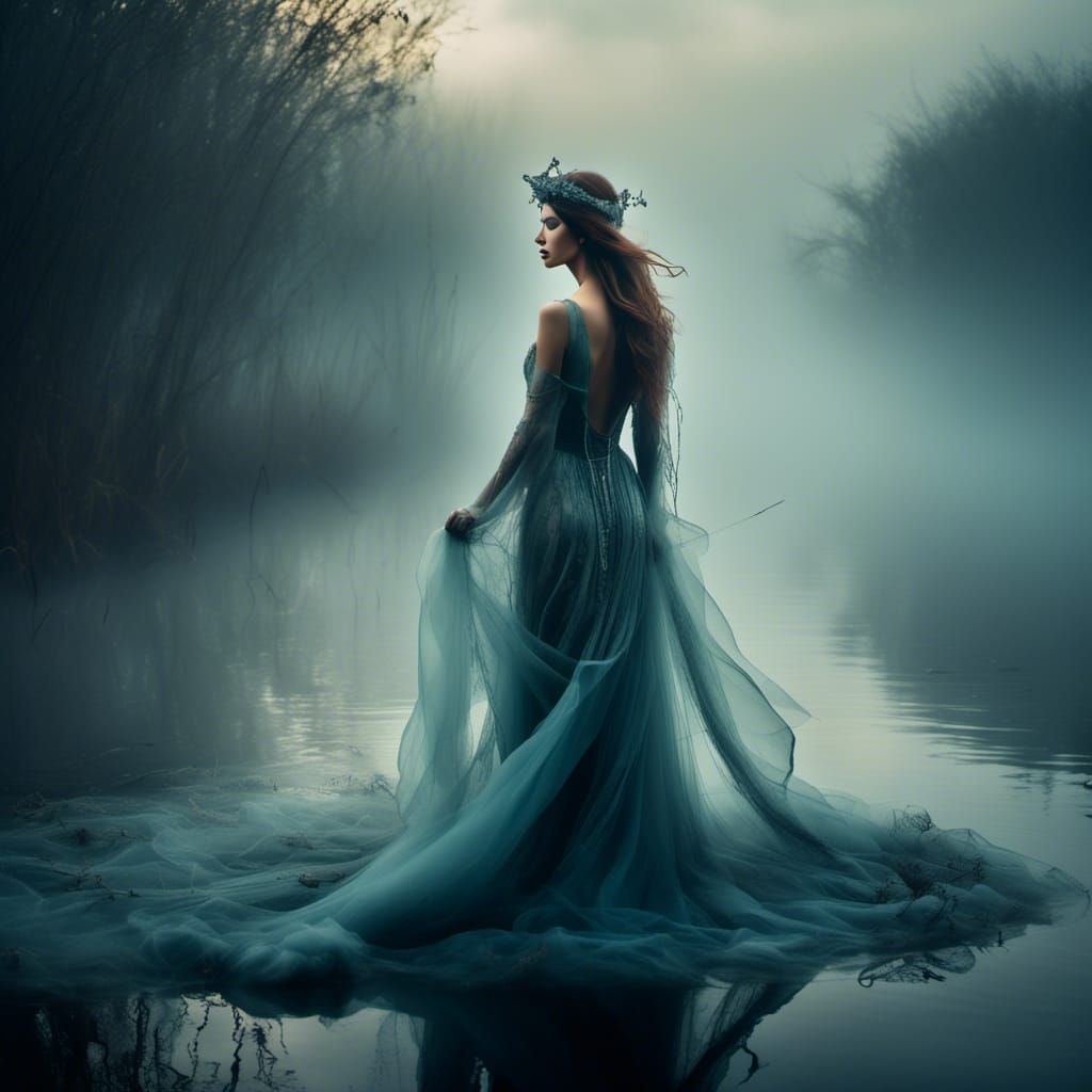 Ethereal Water Goddess in Hazy Marshland