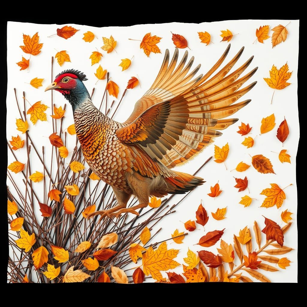 Autumn Leaf Collage of Ruffled Grouse Taking Flight