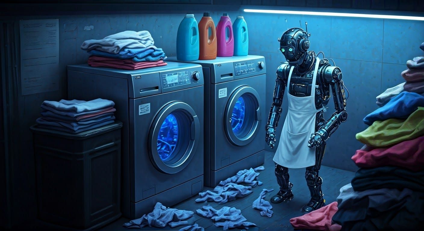 Futuristic Robot Struggles to Fold Laundry in a High-Tech La...