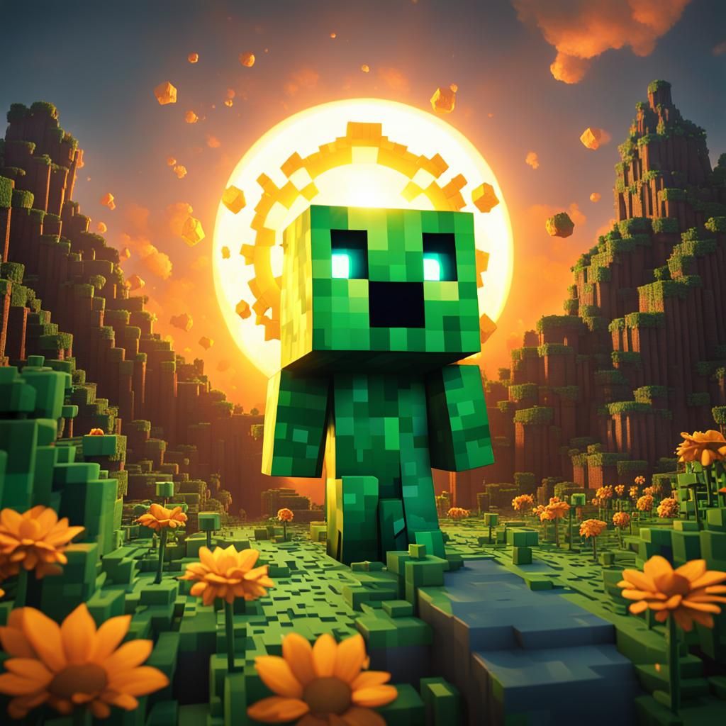 Minecraft Creeper God Holding the Sun, Detailed Painting