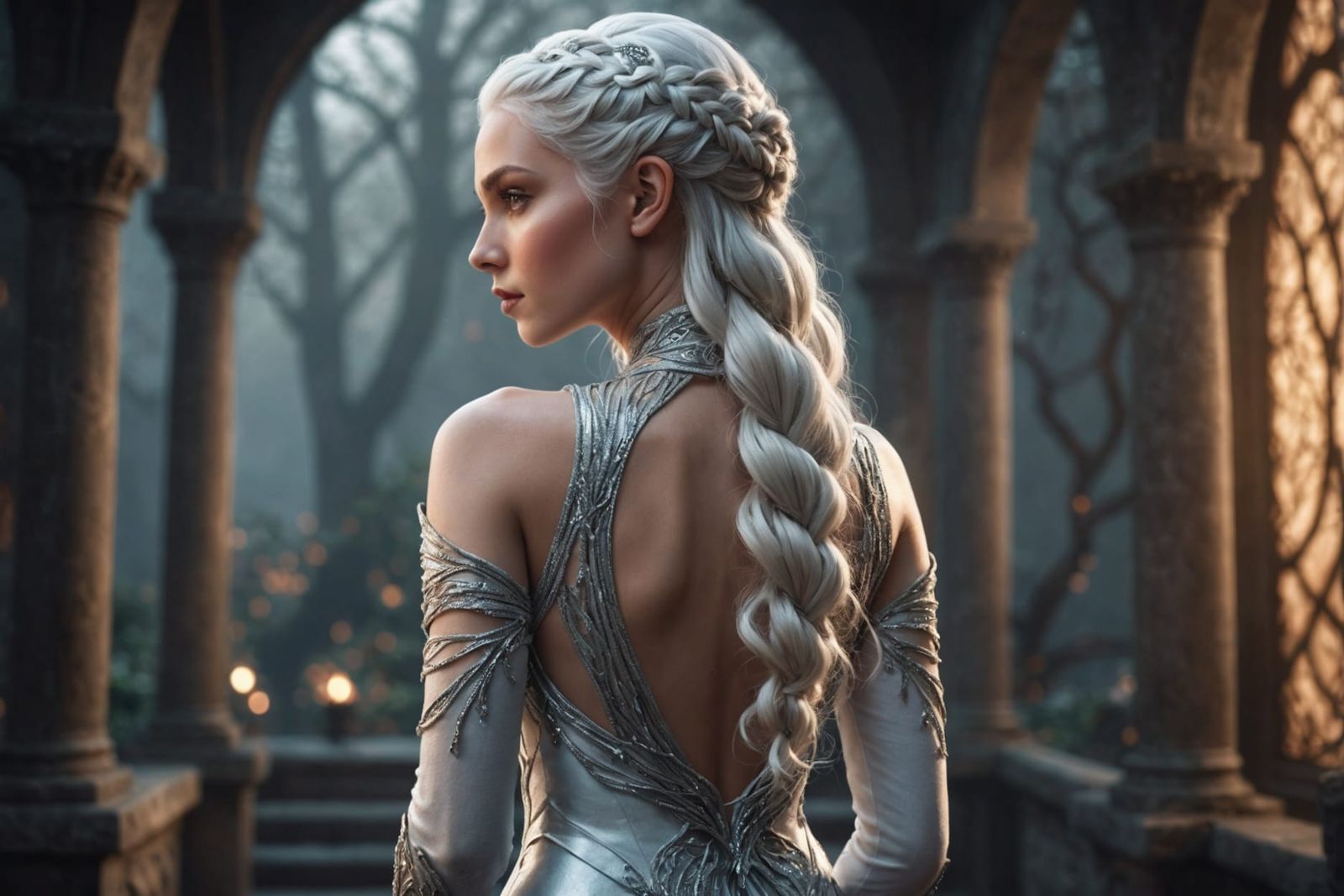 Elegant White-Haired Elf in Shimmering Gown