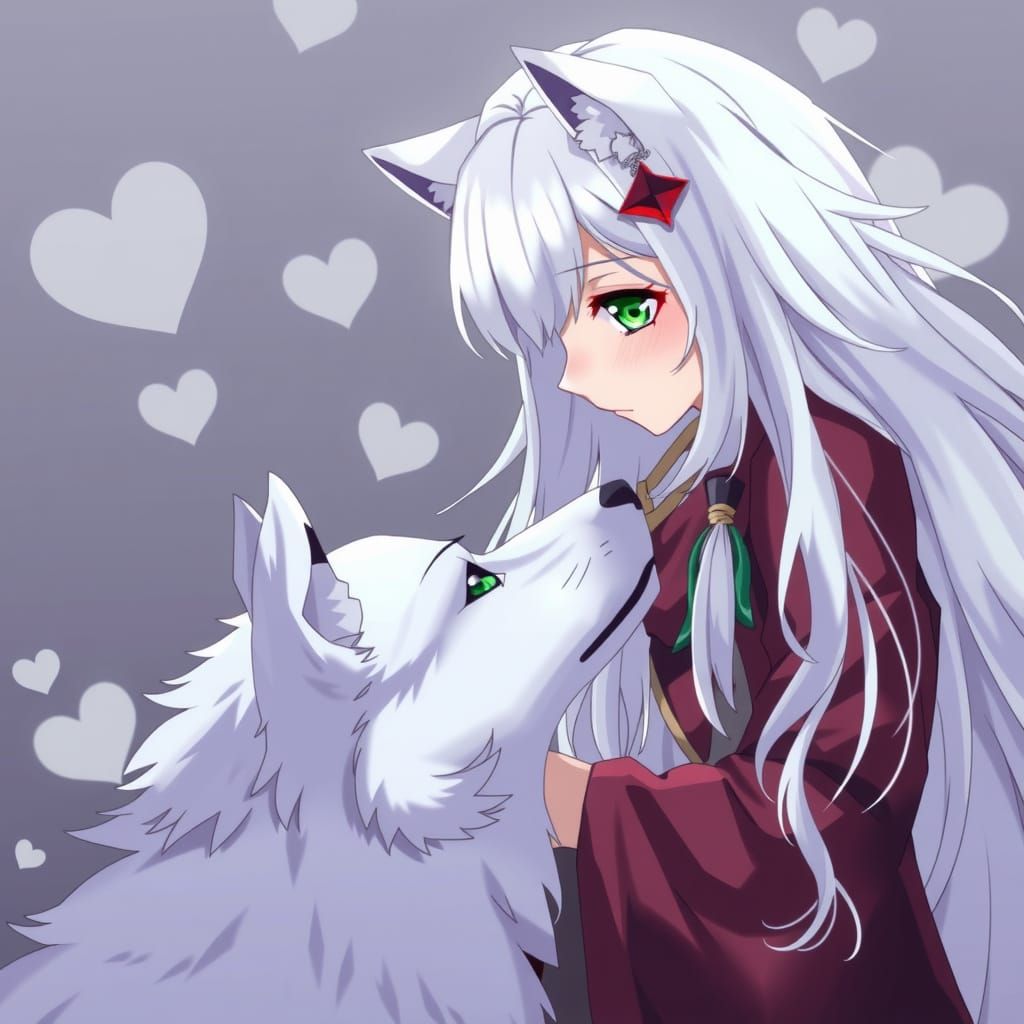 Anime Woman Meets Fierce White Wolf in Shadowy Landscape