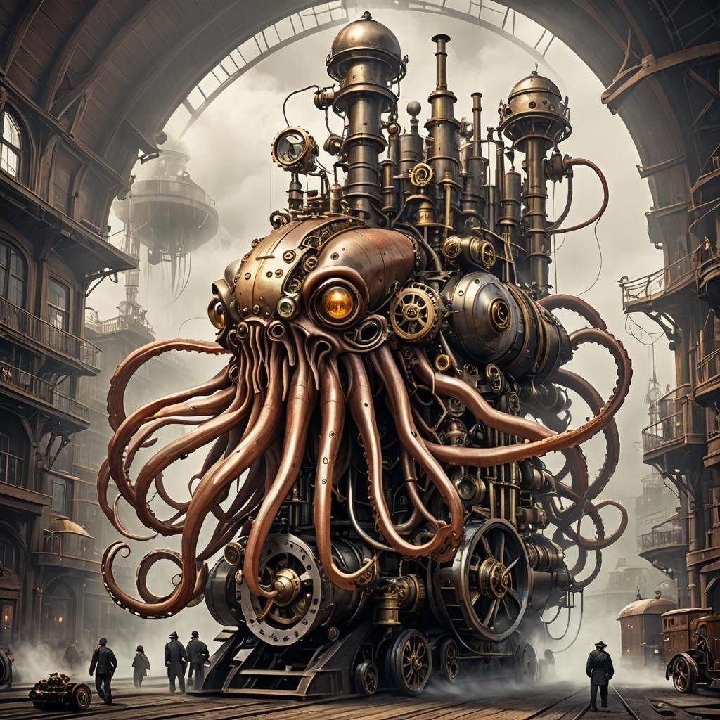 Steampunk Giant Squid with Visible Engine