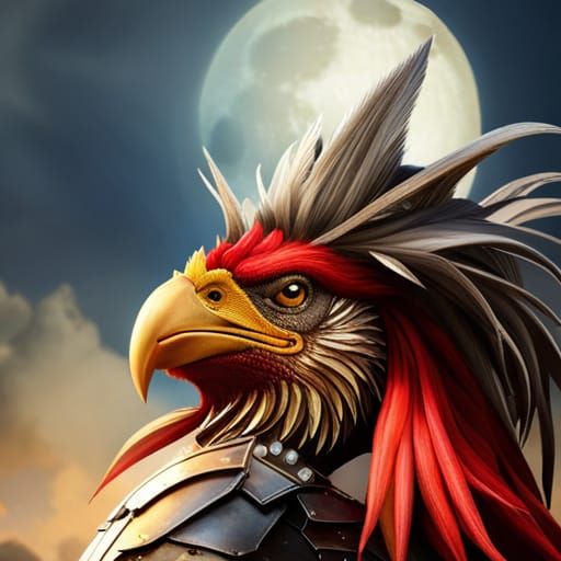 Armored Rooster Knight in Moonlight: Digital Painting