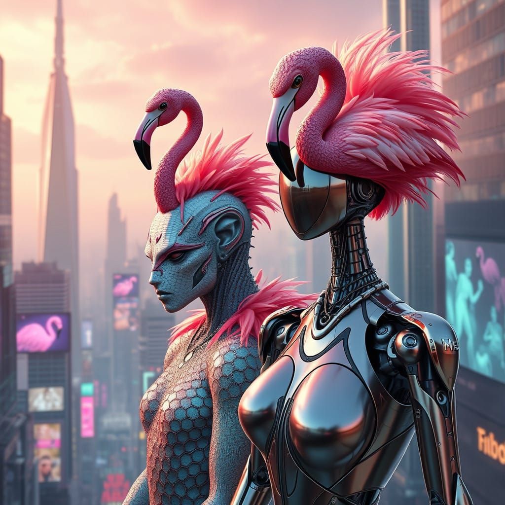 Alien Goddesses with Flamingo Feather Hair Dominating Futuri...