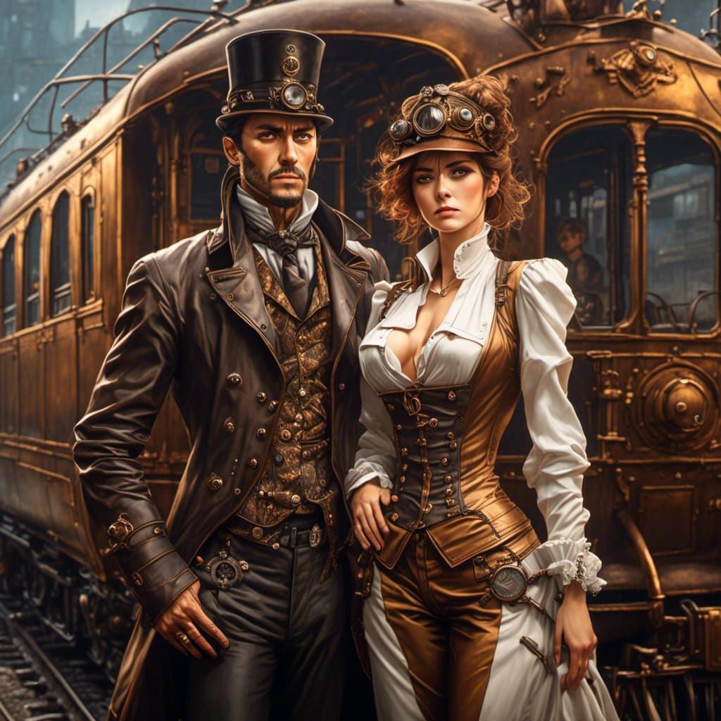 Steampunk Couple in Bronze Clothing by Train