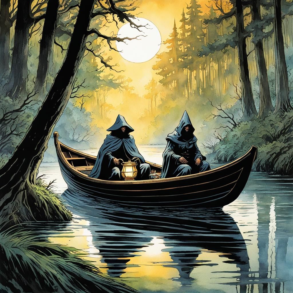 Cloaked Figures in Swamp: Comic Book Art