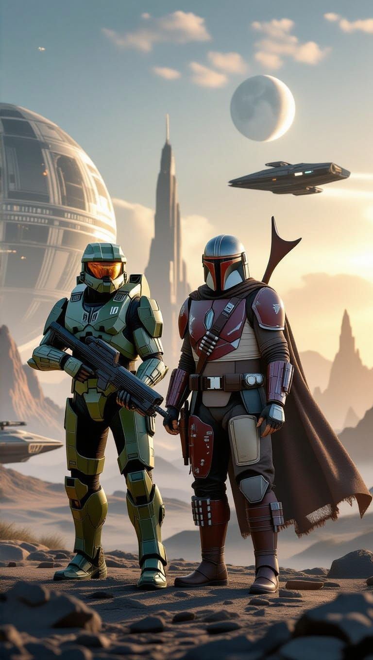Epic Crossover Battle Scene with Master Chief and Din Djarin