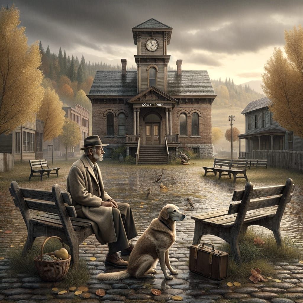 Vintage Rural Courthouse Scene in Autumnal Hues