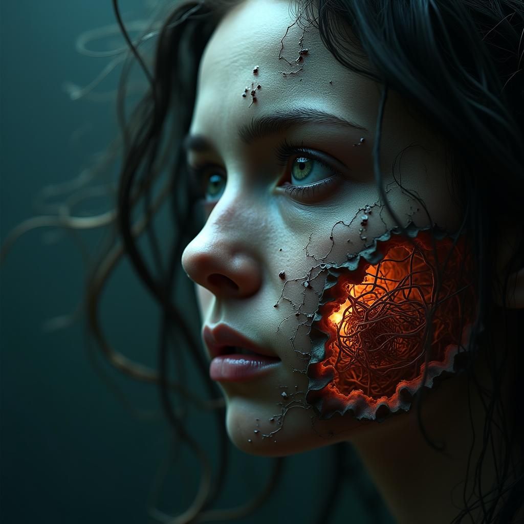 Surreal Unraveling Face Reveals Cyberpunk Neural Network