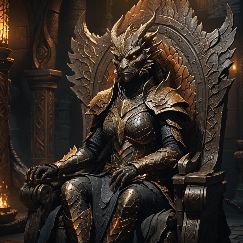 Dragonborn Female on Throne in Dark Mystical Chamber