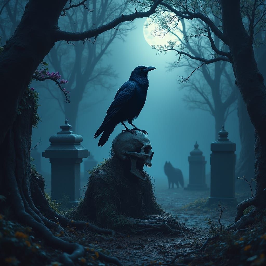 Gothic Raven Sits atop Ancient Cemetery Skeleton, Moonless N...