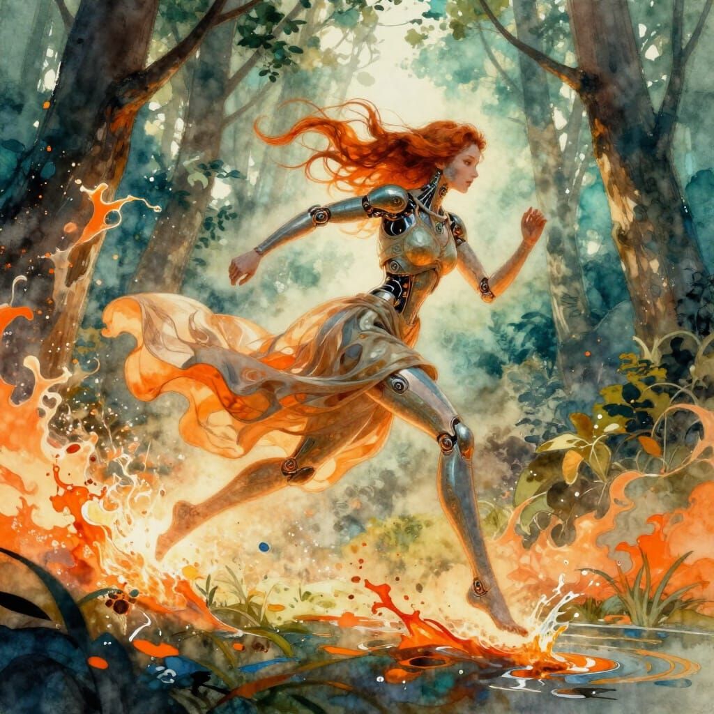 Cyborg Woman Running Through Forest in Watercolor Style