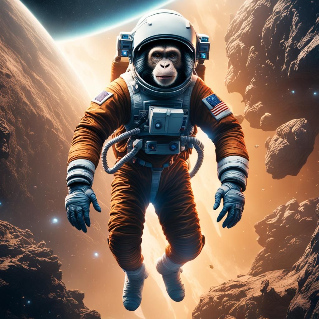 astronaut monkey jumping in space  outside of spaceship