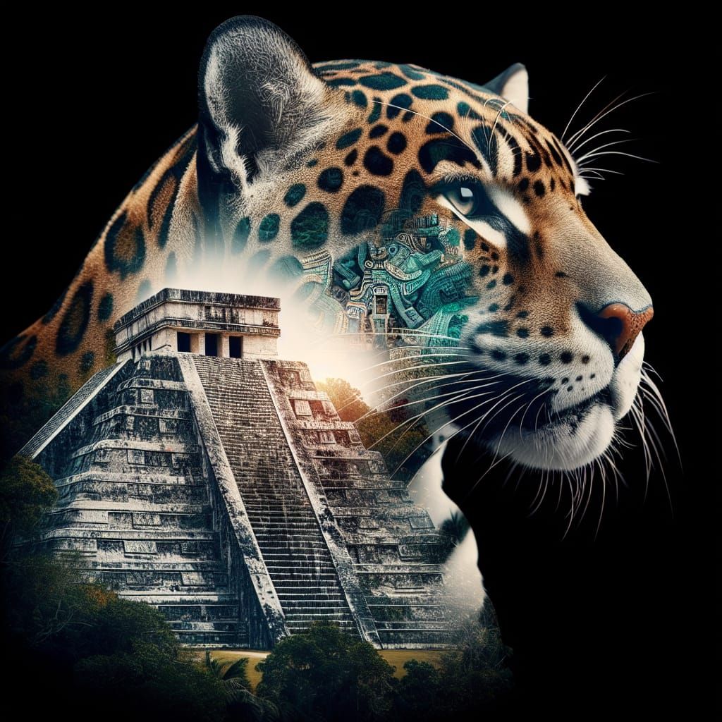 Jaguar Double Exposure Revealing Mayan Temple in HDR