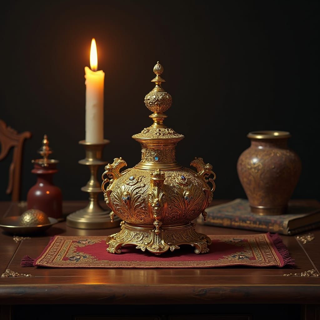 Ornate Golden Inkwell with Candlelight