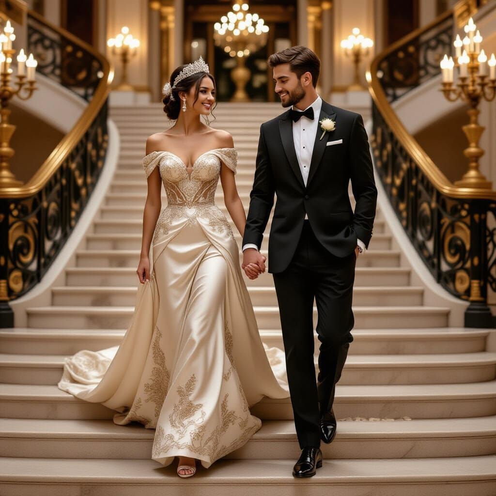Elegant Couple Descending Ballroom Stairs in Art Nouveau Sty...