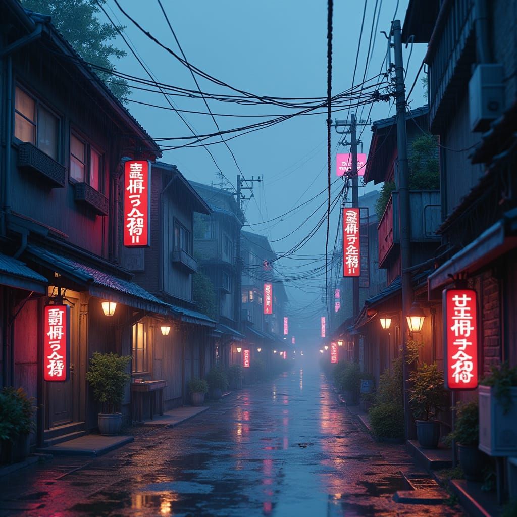 A romantic amazing fantasy Cyberpunk town in the rain Magica...