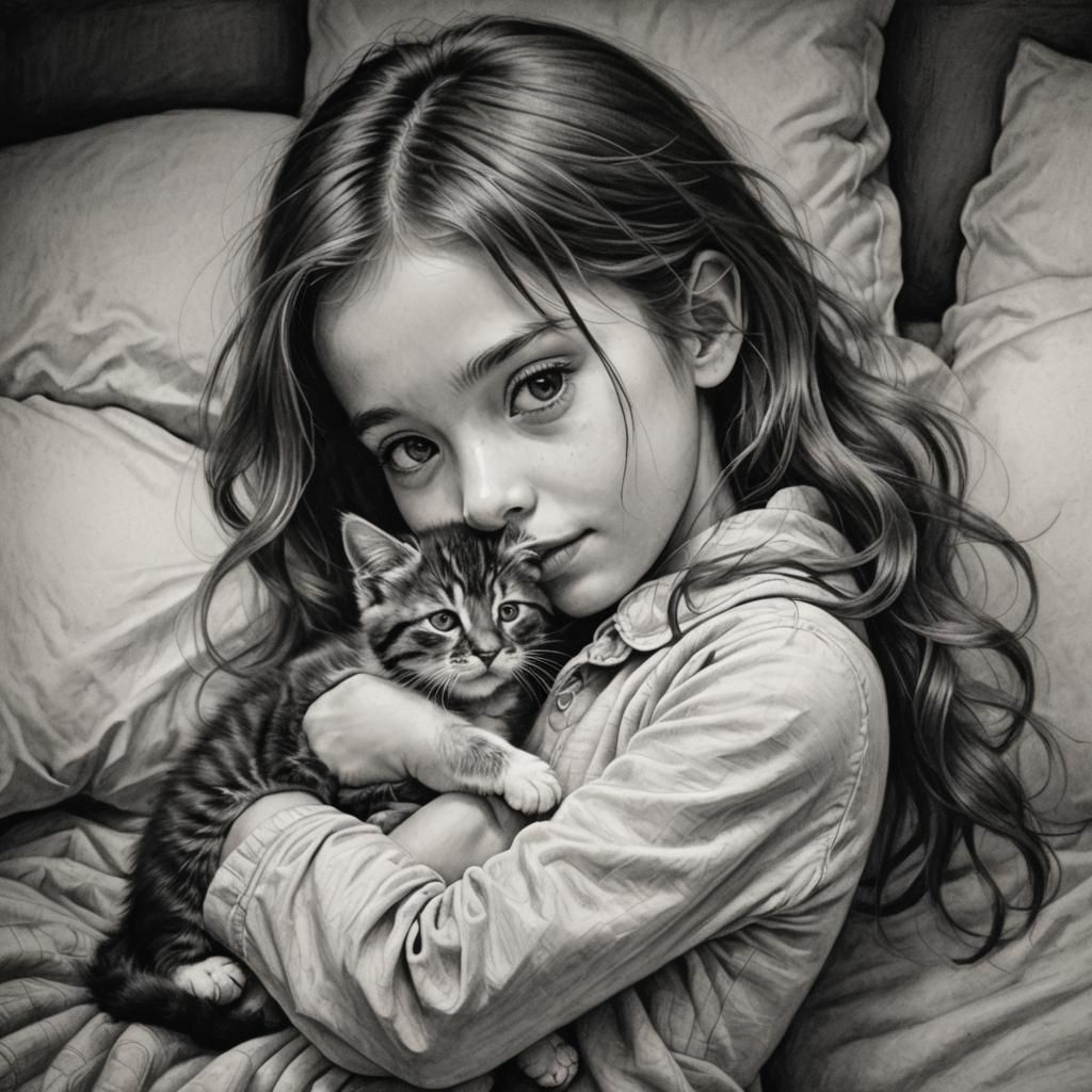 Girl Hugging Kitten: Hyperdetailed Charcoal Portrait