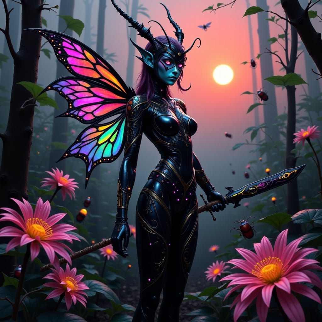 Harlequin-Beetle Fae Queen in Neon Noir Style
