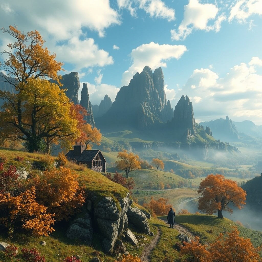 A Futuristic Autumn Landscape with Ancient Roots