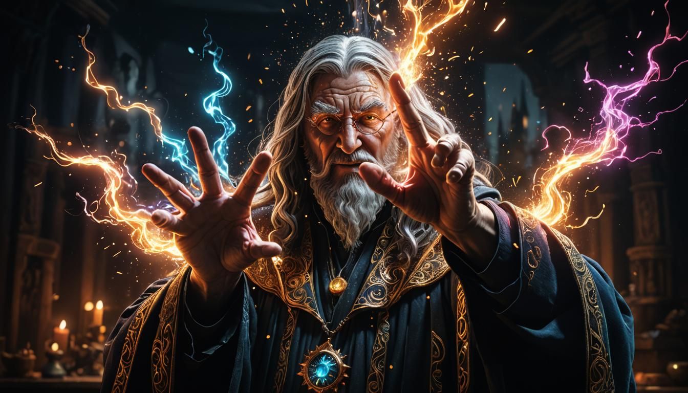 Wizard Casting Spell with Neon Flash, Hyperrealistic Art