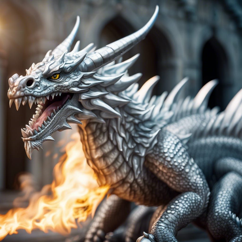 Realistic Silver Dragon Emitting White Flames