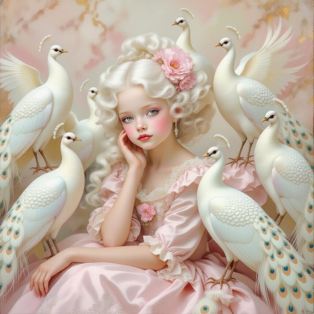 Rococo Portrait of Albino Girl with Peacocks