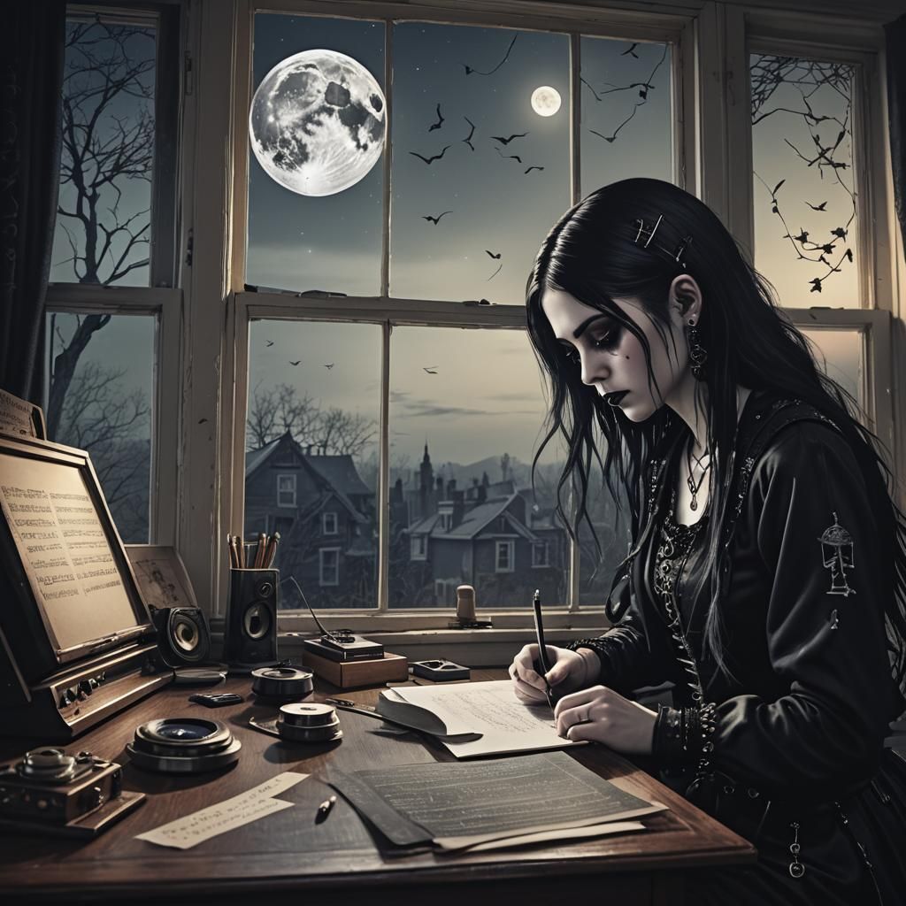Moody Goth Girl Writing by Moonlight Window