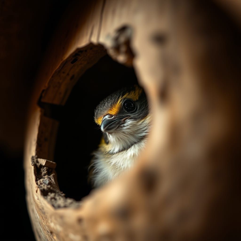 Macro Birdhouse Interior with Bird in Photorealistic Style