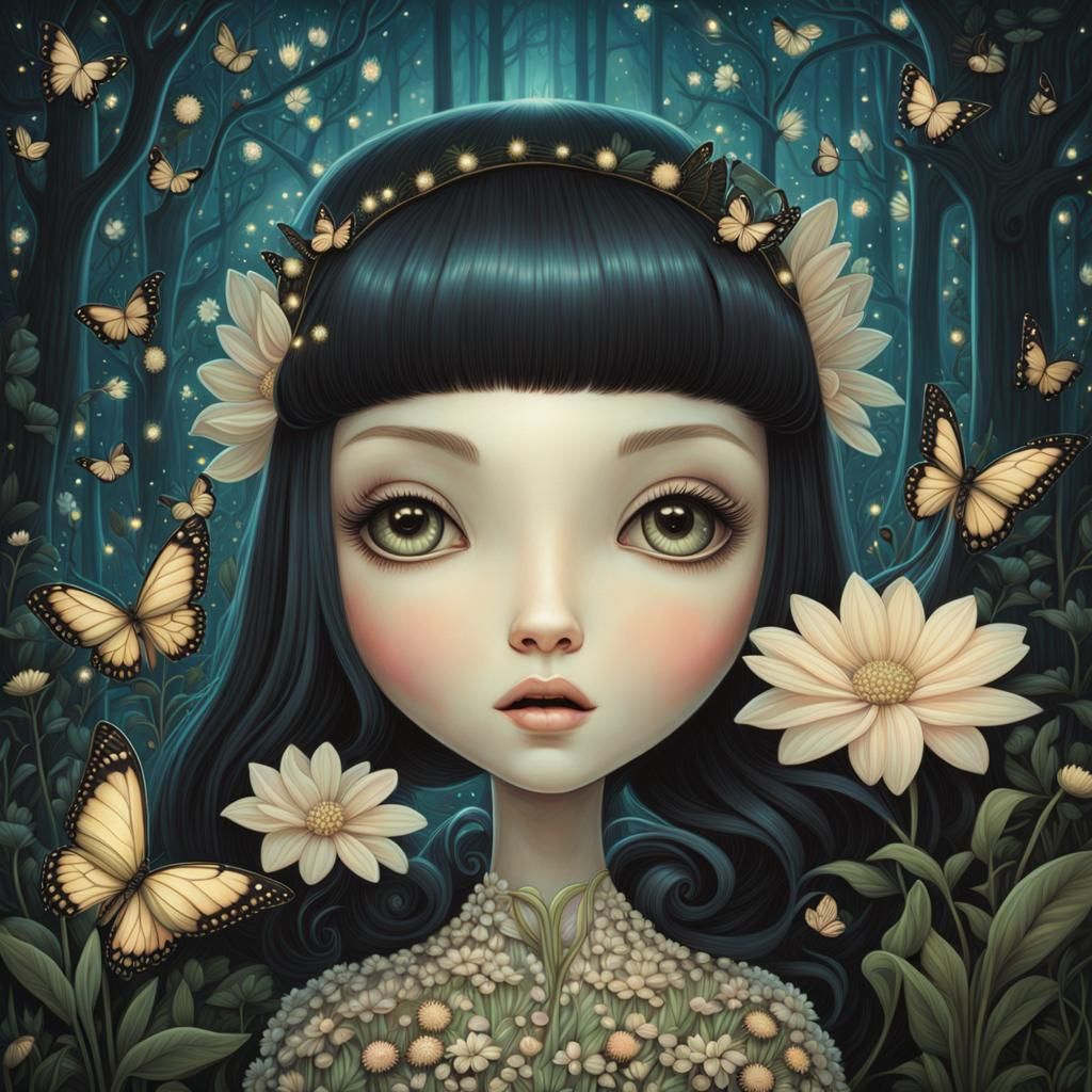Creepy Firefly Fairy in Surreal Macabre Garden