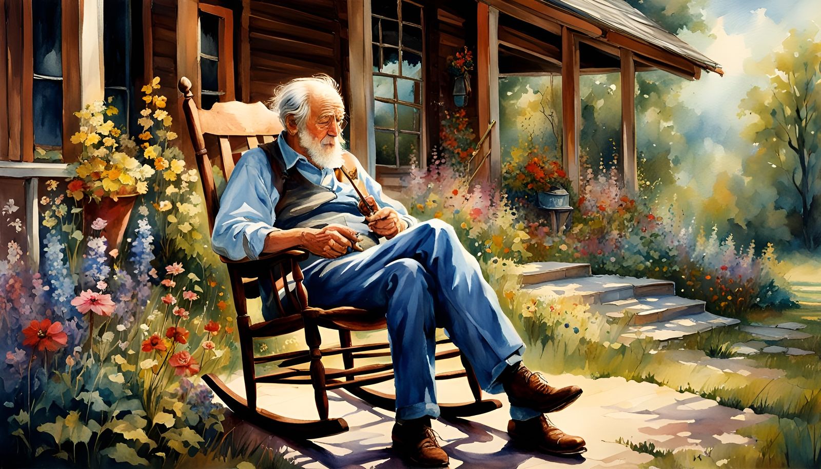 Grandpa Relaxing on Cottage Porch in Watercolor Style