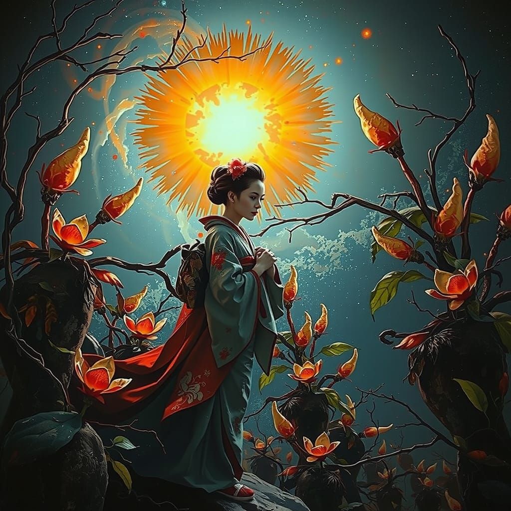 Elegant Geisha in Luminous Botanical Field Under Nebula