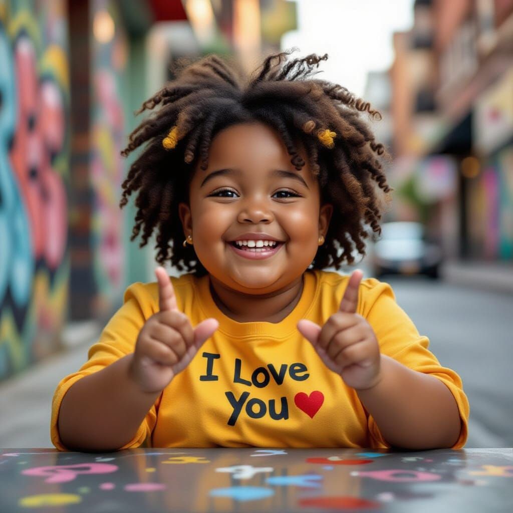 Girl Learning ASL in Colorful Graffiti Art Style