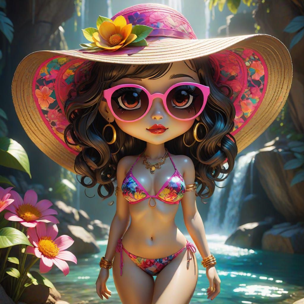 ""Vibrant, curvaceous Chibi anime beauty, inspired by Betty Boop's playful charm, full body showing her backside, viewed...