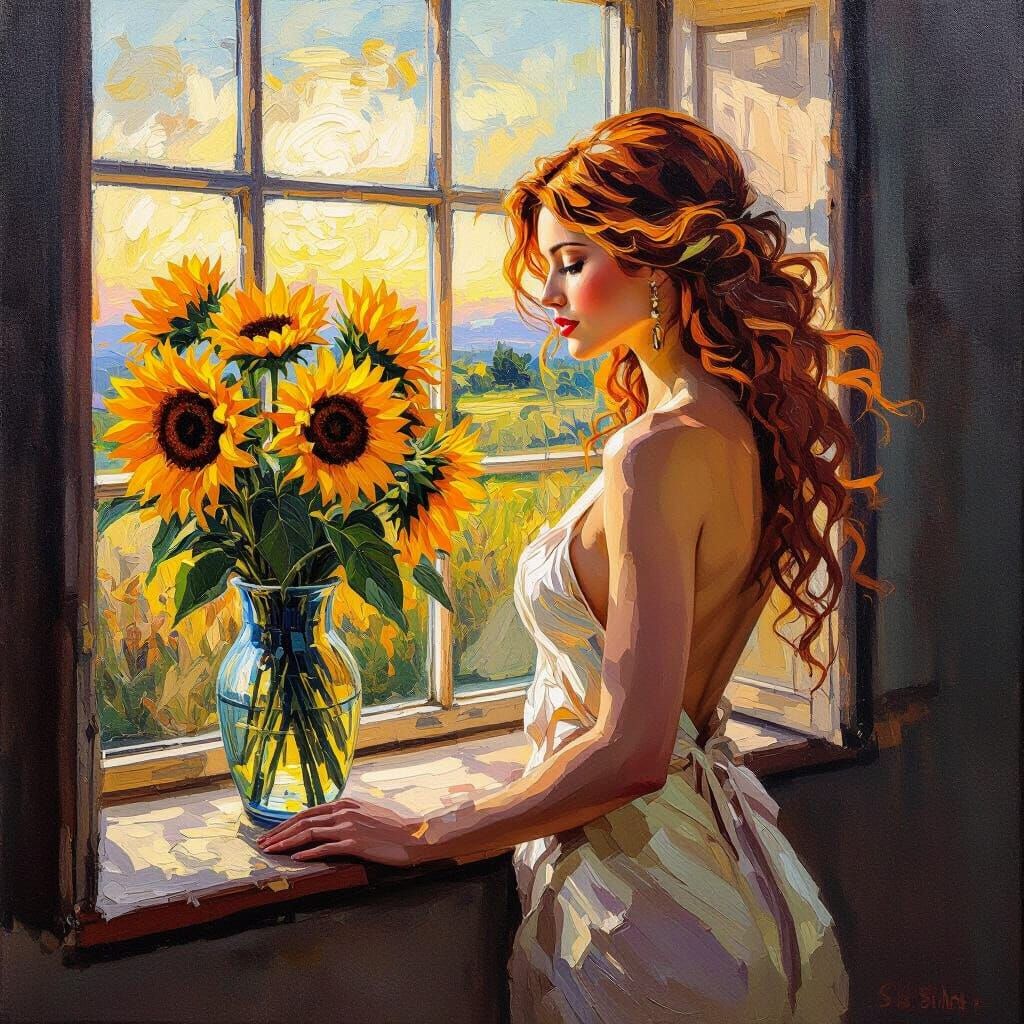 Regal Nude Woman and Sunflowers in Van Gogh Style