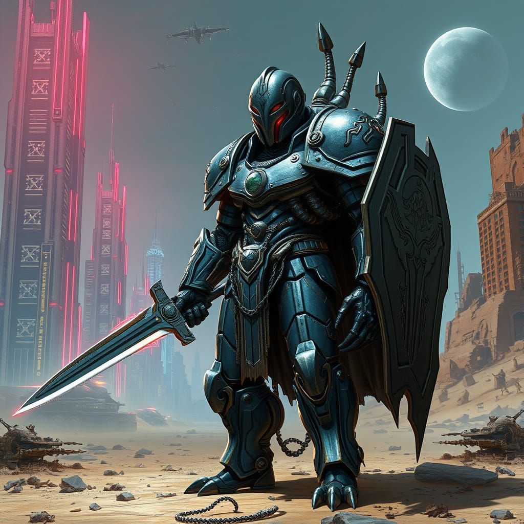 Cyberpunk Meck Knight in Futuristic Metropolis