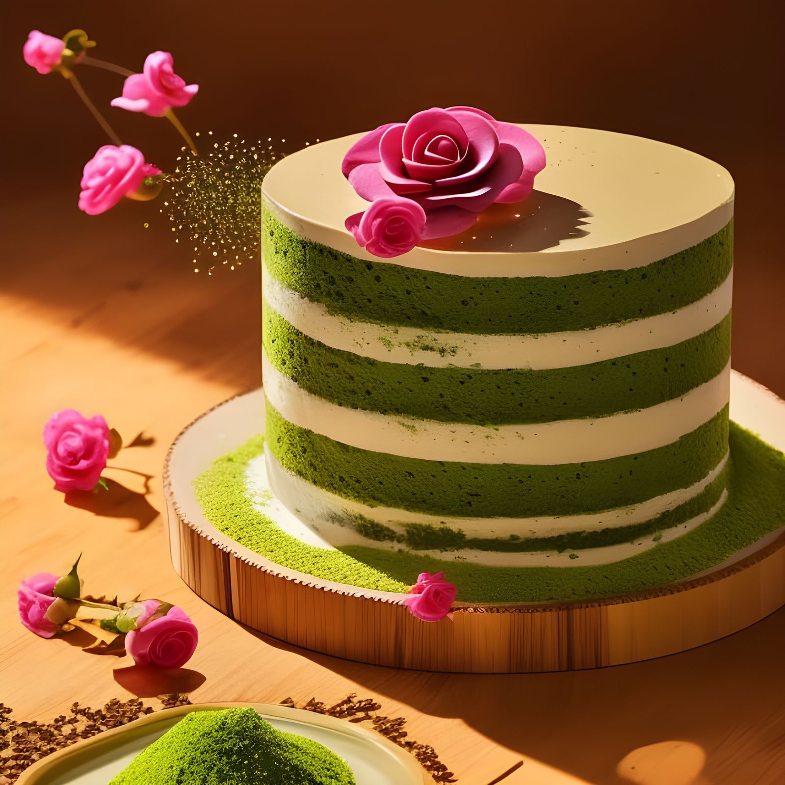 Levitating Matcha Rose Cake: Photorealistic 8K Render
