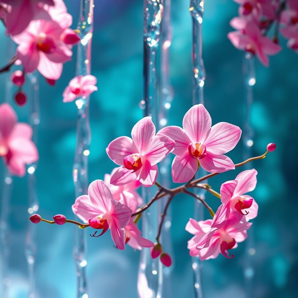 Pink Glass Flowers and Waterfall in Dreamlike Setting