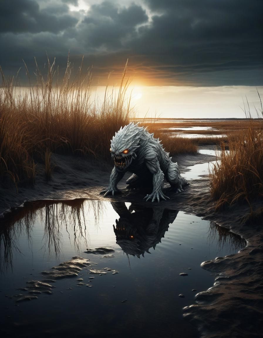 Dark Fantasy White Monster in a Horror Scene