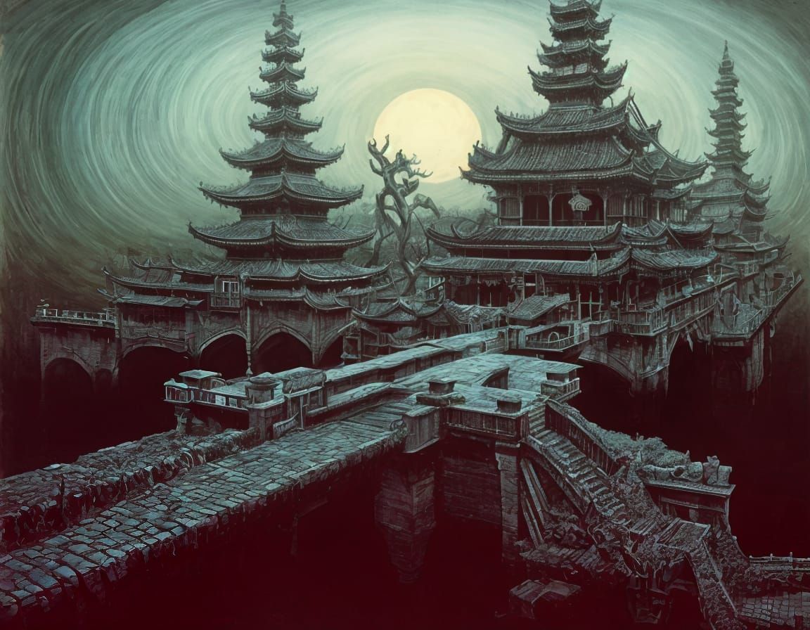 Surreal Japanese Pagoda Landscape in Intricate, Twisted Form...